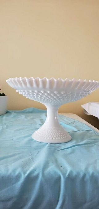 Large 12 " Vintage Fenton Milk Glass White Hobnail Pedestal Stand Fruit Bowl