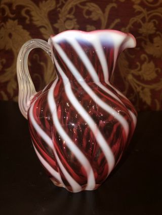 Fenton Art Glass Cranberry Opalescent Swirl Crimped Edge Ruffled 5.  5 " Pitcher