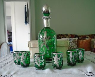 Boxed Vintage Venetian Green Glass Silver Overlay Decanter Bottle And 6 Glasses