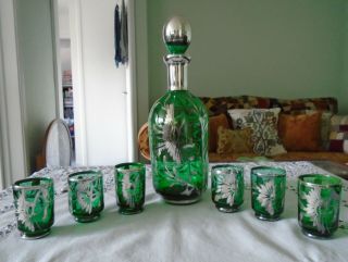 Boxed Vintage Venetian Green Glass Silver Overlay Decanter Bottle and 6 Glasses 2