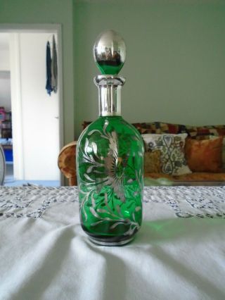 Boxed Vintage Venetian Green Glass Silver Overlay Decanter Bottle and 6 Glasses 5