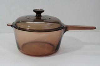 Visions Corning Ware 2.  5l Amber Glass Sauce Pan Pot With Lid Made In Usa