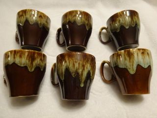 Set Of 6 Vintage Hull Usa Brown Drip Glaze Tapered Coffee Mug Cup Large Handle