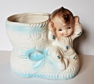 Vintage Baby Bootie Planter,  Rubens 299 Container Vase Blue Japan Collectible