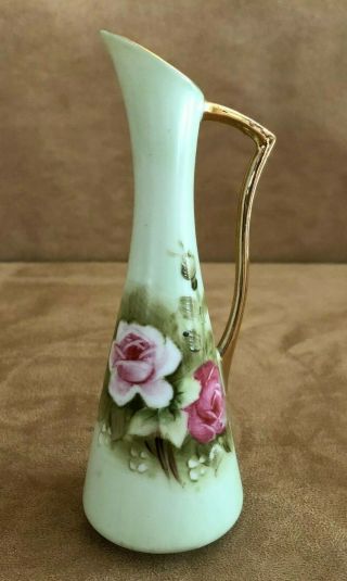 Lefton 5 " Pitcher Small Vintage Porcelain Green Floral Gold Trim Hand Painted