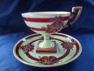 Antique Jean Pouyat Limoges France Footed Porcelain Cup & Saucer Artist Signed
