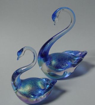 2 Heron Iridescent Blue Glass Swans Collectible Figures