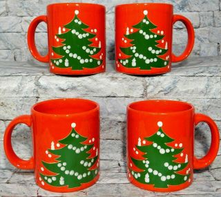 Waechtersbach Set Of 4 Red Christmas Tree Coffee Mugs W Germany Stoneware Cups