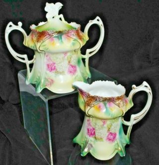 Antique 1910s Floral Set Of Creamer Handled Sugar Bowl Rs Prussia Red Mark