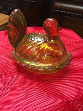 Vintage Amber/green Glass Turkey On Nest - Medium Sized
