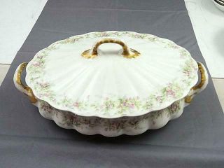 Antique Embossed Theo Haviland Limoges Covered Oval Serving Dish Pink & White