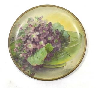 Antique 19th Century Royal Vienna Tin Litho Art Plate - Purple Flowers -