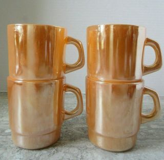 Set Of 4 Old Vintage Termocrisa Peach Lustre D Handle Coffee Mugs Milk Glass