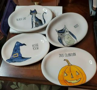 Rae Dunn Hocus Pocus Halloween Oval Plates Black Cat Owl Witch 