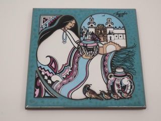 Cleo Teissedre Southwest 6 " Tile Pottery Native American Woman Partridges Trivet