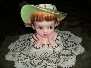 Vintage 1960 Child Head Vase Napco 45560 Green With Green Hat Painted Blue Eyes