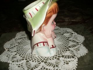 Vintage 1960 Child Head Vase Napco 45560 Green with Green Hat Painted Blue Eyes 3