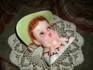Vintage 1960 Child Head Vase Napco 45560 Green with Green Hat Painted Blue Eyes 7