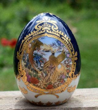 Vintage Limoges Cobalt Blue & Gold Porcelain Egg Pheasants Flowers Numbered 4.  5 "