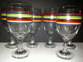 Set Of 6 Libbey Mambo Multicolor Stripes Water Or Iced Tea Glasses Goblet Euc