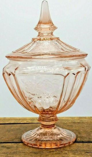Anchor Hocking Mayfair Open Rose Pink Depression Glass Candy Dish With Lid