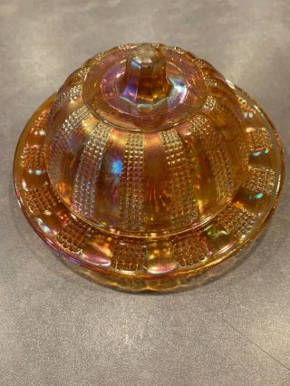 Imperial Marigold Carnival Glass Diamond Point Column Covered Nestor Butter Dish