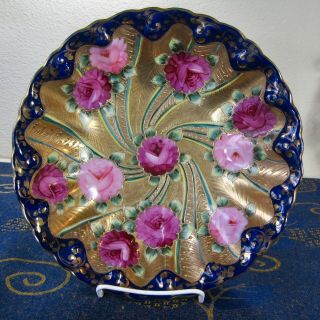 Antique Nippon Japan Heavy Gold Moriage Fluted Bowl W/ Hand Painted Pink Roses