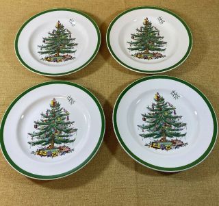 Four (4) Spode Christmas Tree 10.  5” Dinner Plates S3324 Green Red