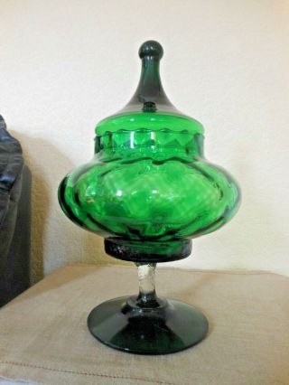Empoli Green Glass Sweet / Apothecary Jar With Circus Tent Lid 11 " Tall Italy