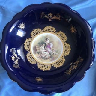 Fine Decorative Porcelain Cobalt Blue Gold Trim Footed Bowl Dish Vintage