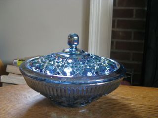 Indiana Windsor Blue Iridescent Carnival Glass Round Lidded Candy Dish