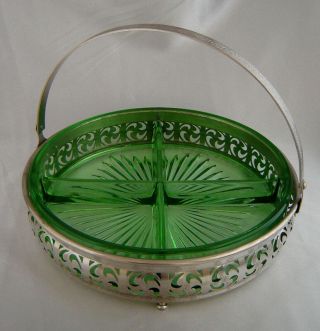 Vintage Green Depression Glass Divided Relish/nut Dish W/ Chrome Basket Caddy