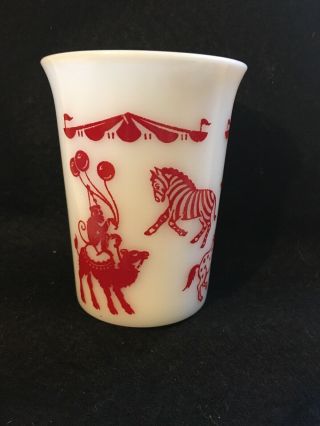 Vtg.  Hazel Atlas Milk Glass With Red Circus Animals Kiddie Ware Tumbler/ Minit
