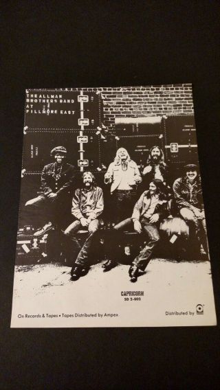 The Allman Bros.  Band At Fillmore East 1971 Rare Print Promo Poster Ad