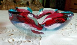 Vintage Murano Art Glass Aquamarine and Raspberry Glass Ash Tray 2