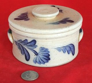 Vintage Rowe Pottery Salt Glaze Gray Blue Crock Lid 1988 Flower Floral 4.  5 X 7.  5