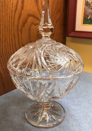 Great Vintage Crystal Cut Glass Pedestal Foot Candy Jar W/lid Hobstar Pinwheel