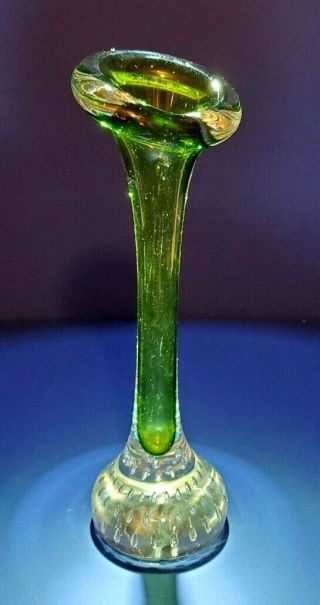 Hand Blown Art Glass Vase Green And Clear Unique Rounded Top - Flawless