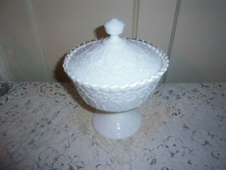 Fenton Silver Crest Spanish Lace Milk Glass Footed Candy Jar With Lid