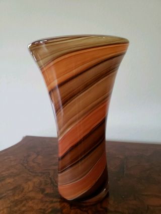 Vintage Art Glass Hand Blown Vase Teleflora Orange Brown Swirl 8 5/8 " Tall