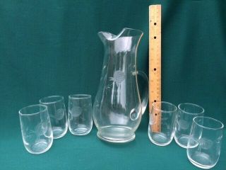 Princess House Etched Floral Motif Crystal Heritage Pitcher,  6 Matching Glasses