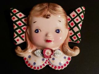 Rare Vintage Artmark Hand Painted Girl With Big Bow Face Wall Pocket