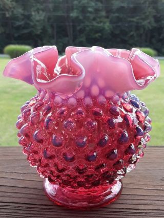 Fenton Glass Cranberry Opalescent Hobnail 4 - 3/8 " Ruffled Edge Rose Bowl Vase