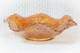 Antique Marigold Ruffled Edge Carnival Glass Bowl Candy Dish - Grape And Flower