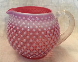 Vintage Fenton Opalescent Cranberry Hobnail Round Tapered Pitcher Reeded Handle