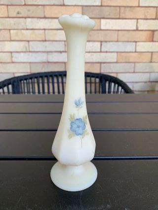 Vintage Fenton Custard Satin Glass Bud Vase Hand Painted Clevenger