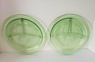 Two Parrot Sylvan Green Depression Glass 10.  25 " Grilled Dinner Plates - C 1931 - 32