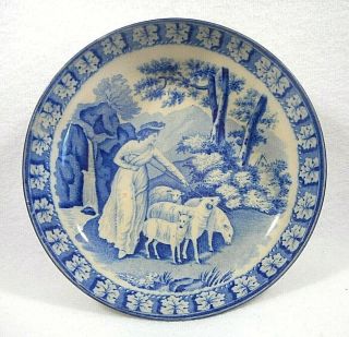Small Flow Blue Staffordshire Bowl With Young Woman Leading Sheep With Dog