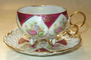 Vintage Ucagco Ceramics Japan Luster Ware 3 - Footed Tea Cup With Pierced Saucer