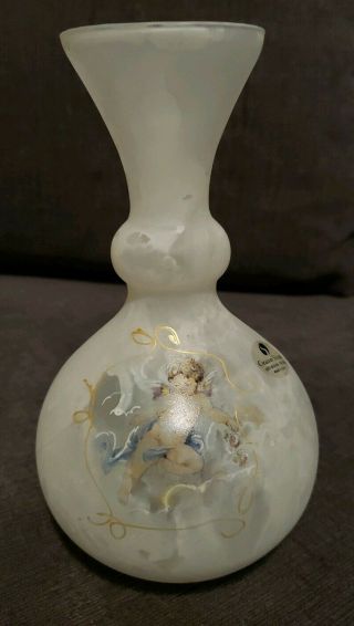 Vintage Creazioni Silvestri Arte Murano Cupid Crystal Vase Frosted Italy 7.  5”